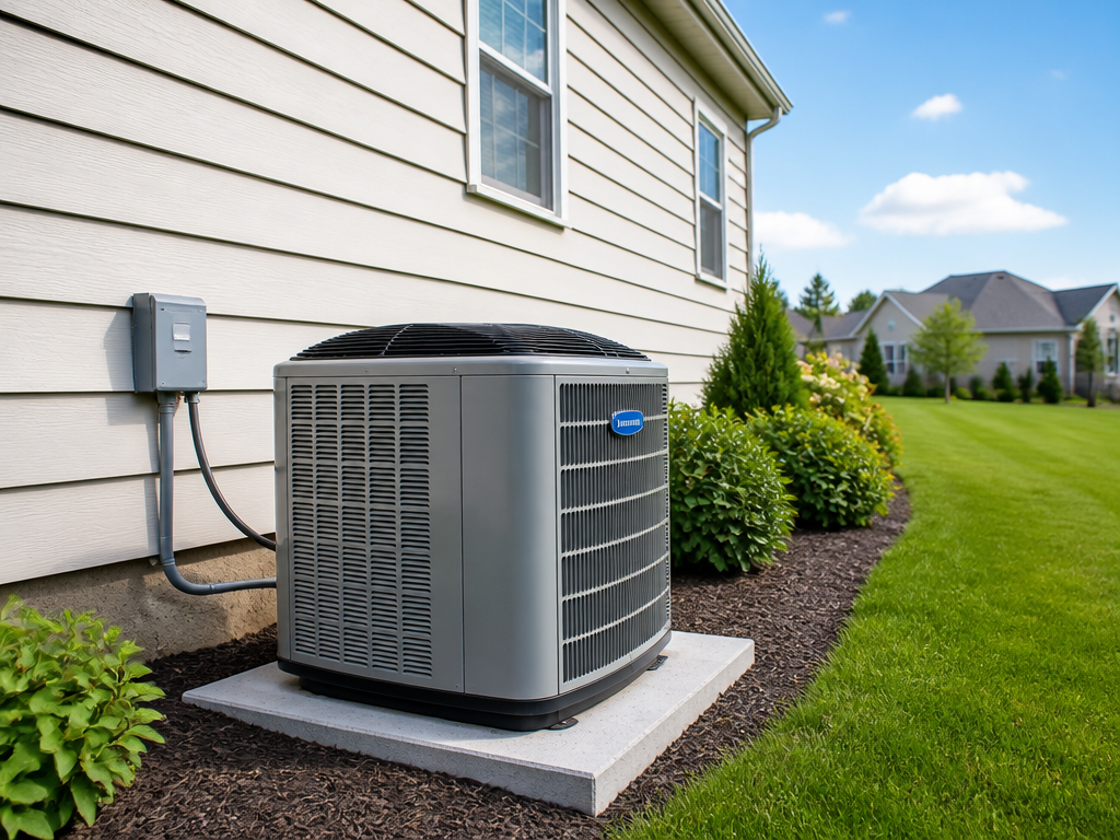 Brand new residential air conditioning unit installed at a home